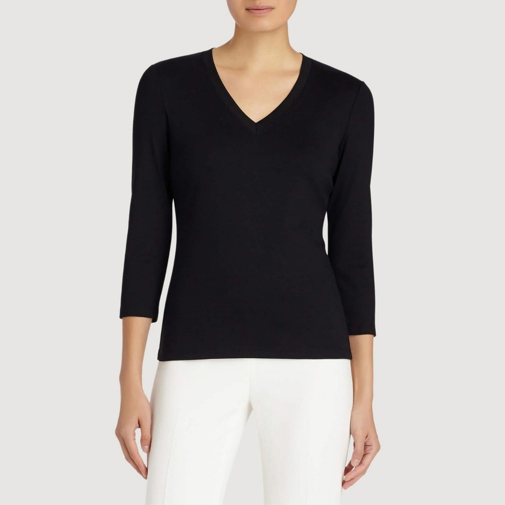 Lafayette 148 Cotton Rib V-Neck T-Shirt 3/4 Sleeve Size XL Black